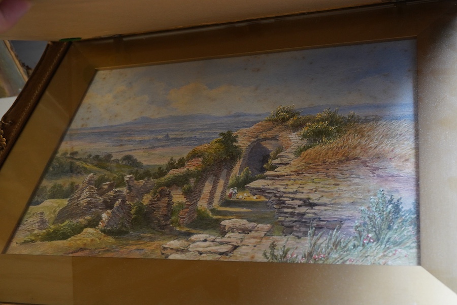 Louis Laurent Raze (1805-1872), Continental views to include Lake Como, one signed and dated 1868, three watercolours, largest 24 x 36cm, together with a print of a stained glass window, map of Montgomery and a 19th cent